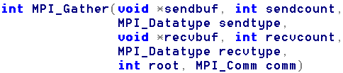 P1 = root P2 P3 root Zbieranie P4 MPI_GATHER Funkcja MPI_Gather: każdy proces grupy komunikatora comm, włącznie z liderem, wysyła identyczną liczbę danych sendcount typu sendtype umieszczonych w