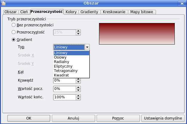 Formatowanie obiektów - gradient W zakładce Przezroczystość wybierając pole wyboru Gradient ustawić możemy wypełnienie obiektu tym właśnie narzędziem.