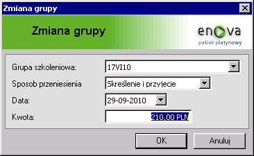 42 Co jeszcze warto sprawdzić Ostatnia zakładka {Cechy} zawiera dodatkowe pola, które definiowane są na etapie wdrożenia. 10.4.1 Zmiana grupy W przypadku gdy uczestnik zostaje przeniesiony do innej grupy szkoleniowej, w enova istnieje możliwość zarejestrowania tego faktu.