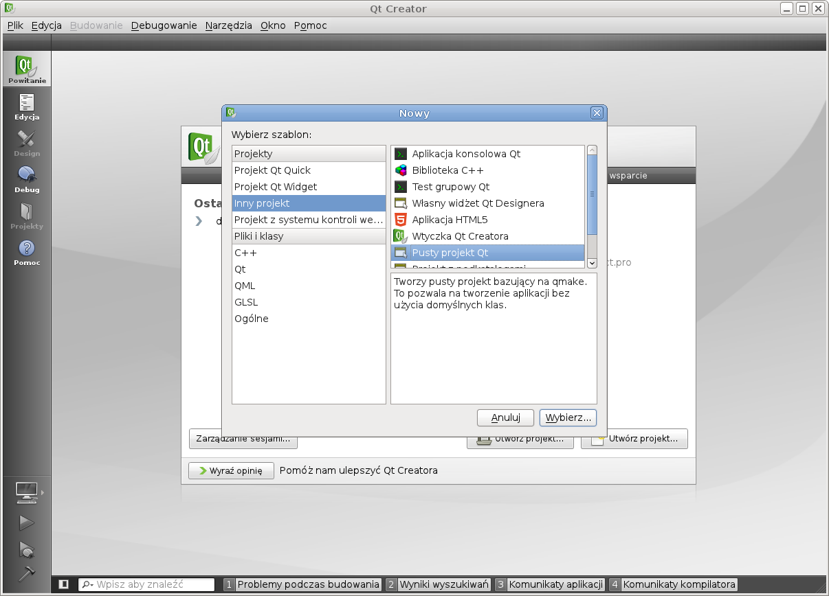 1.4. Środowisko Qt Creator 11 alny debugger oraz designer ułatwiający tworzenie formularzy GUI. Qt Creator integruje również obsługę systemów kontroli wersji takich jak GIT, Subversion czy CVS.