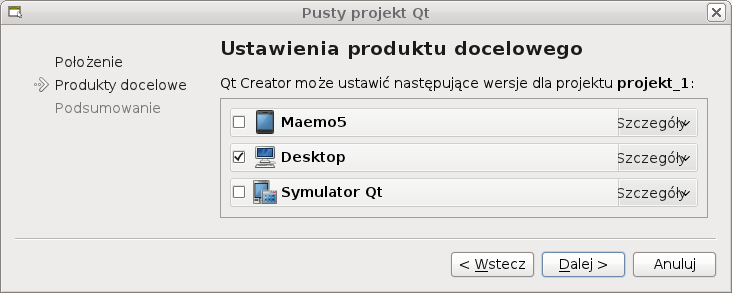 12 1. Witaj świecie zwy dla projektu oraz wskazanie położenia katalogu, w którym zostanie on utworzony: Rysunek 1.4. Tworzenie nowego projektu Qt, krok 2.