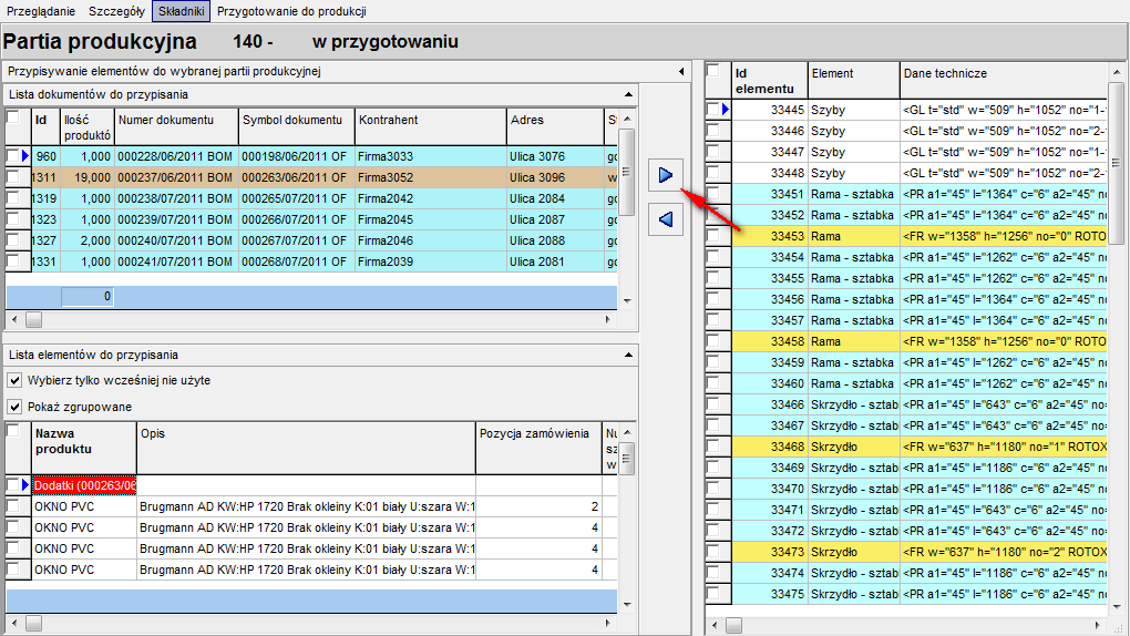 W trybie dodawania elementów do partii produkcyjnej aktywne są panele: Lista dokumentów do przypisania zestawienie zamówieo produkcyjnych,dla których występują elementy procesów produkcyjnych, nie