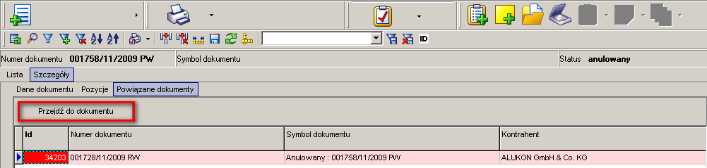 Status dokumentu zostanie zmieniony na Anulowany. 4. Jednocześnie system generuje dokument przeciwstawny typu Rozchód Wewnętrzny (RW).