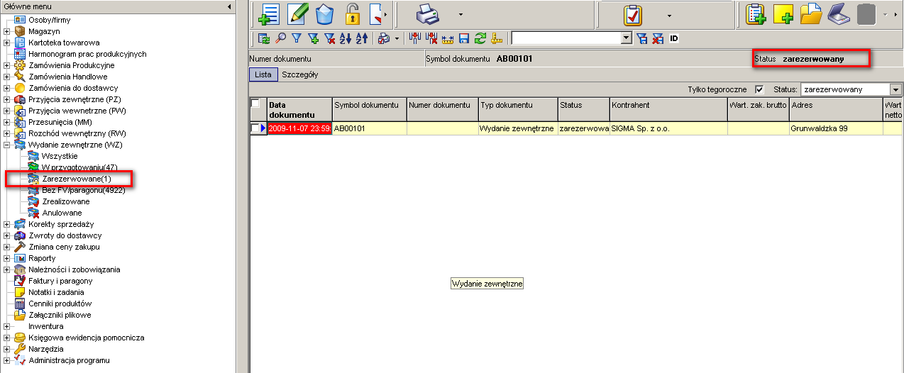 2. Po pomyślnym wykonaniu operacji dokument zmieni status na Zarezerwowany. 11.2.2 DALSZE KROKI Aby zwolnid wcześniej dokonaną w magazynie rezerwację surowców do realizacji dokumentu WZ, wybierz