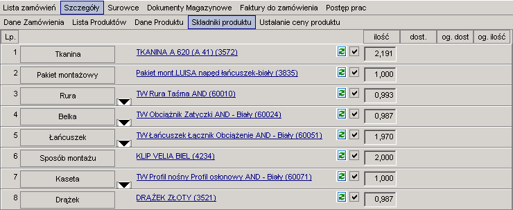 Kompletację komponentów przeprowadzamy, wybierając typy składników i uzupełniając dane zgodnie z kolejnością wymuszoną przez system.