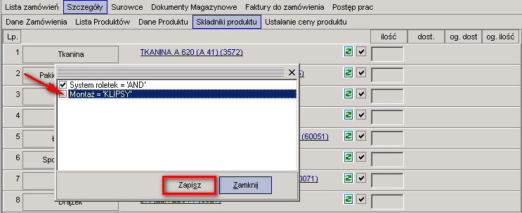 Ponieważ wybór dokonany dla pierwszego z komponentów był wystarczający aby uzupełnid kolejne (dla następnych komponentów system znalazł tylko jedną możliwą opcję), reszta komponentów dobrała się