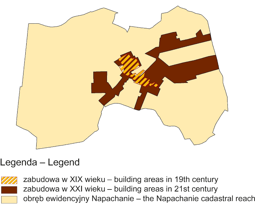 6 Dudzińska, A., Szpakowska, B., Szumigała, P. (2016). Ocena zmian krajobrazu wsi Napachanie (woj. wielkopolskie) Rys. 4. Występowanie cieków wodnych na terenie rolniczym wsi Napachanie (XIX w.) Fig.