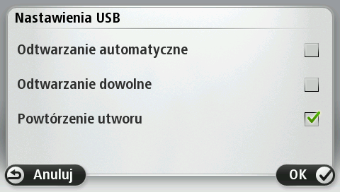 Dotknij opcji Biblioteka USB, aby otworzyć menu biblioteki. Dotknij opcji Odtwórz dowolny, aby wybrać przypadkowy utwór. Program Media Player rozpocznie odtwarzanie wybranego utworu.