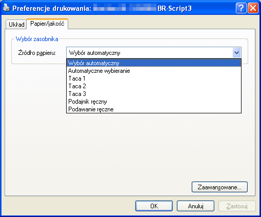 Sterownik i oprogramowanie Zakładka Papier/jakość Wybierz èródło papieru.