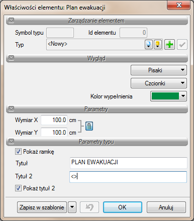 Okno dialogowe właściwości elementu pozwala nam definiować jego kolor, pisak i czcionkę tytułu. Możemy też zmienić dowolnie nazwę planu i dodać drugi tytuł.
