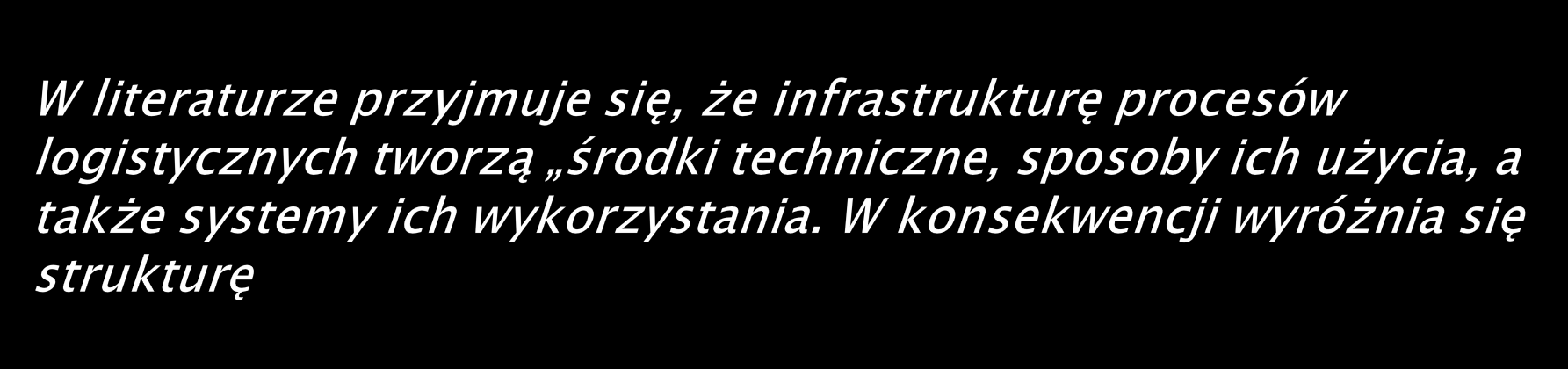 magazynową: - budynki i budowle, - place składowe, - urządzenia magazynowe; manipulacyjną: - transport wewnętrzny, - urządzenia pomocnicze; transportową: - środki transportu lotniczego, - środki