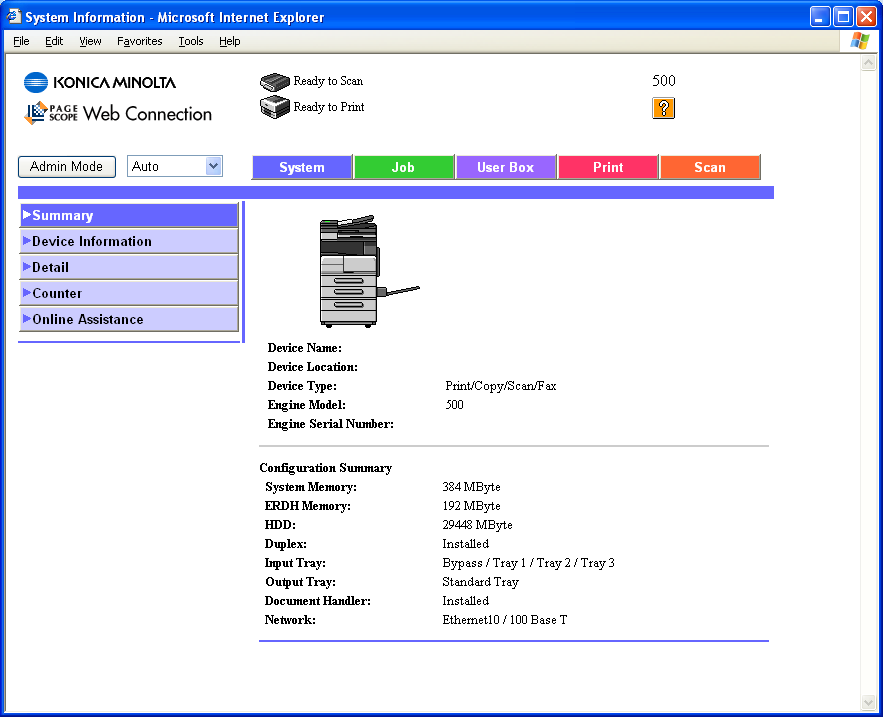 5 Określanie ustawień z użyciem programu PageScope Web Connection Układ strony Strona, która niezwłocznie się pojawi po udostępnieniu programu PageScope Web Connection nazywana jest stroną trybu