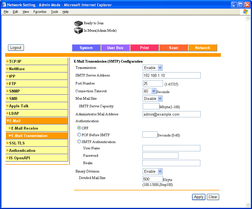 Określanie ustawień z użyciem programu PageScope Web Connection 5 E-mail