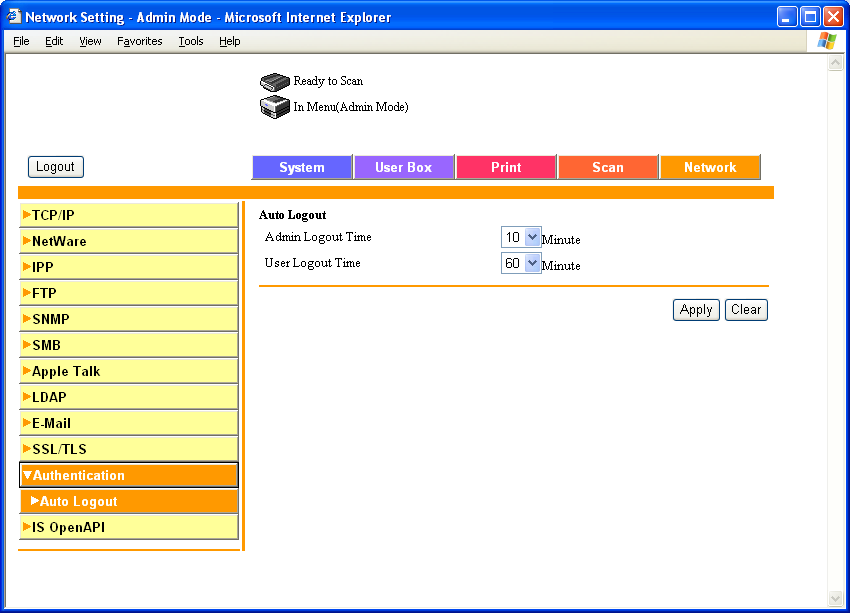 Określanie ustawień z użyciem programu PageScope Web Connection 5 Authentication Auto Logout (Autoryzacja Automatyczne wylogowanie) Określa ustawienia automatycznego wylogowania dla trybu