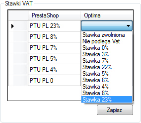6.1.1. Synchronizacja stawek VAT W kolumnie po lewej stronie wyświetlone są stawki VAT pobrane z PrestaShop.