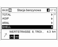 System audio-nawigacyjny 179 Cele specjalne: wybieranie punktów POI (adresy np. restauracji, stacji benzynowych, szpitali itp.) zapisanych na karcie SD systemu audio-nawigacyjnego.