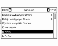 System audio-nawigacyjny 185 Poniżej listy wyświetlane są szczegółowe informacje o aktualnie zaznaczonej stacji benzynowej: przybliżony kierunek jazdy i odległość do stacji, jej adres oraz oferowane