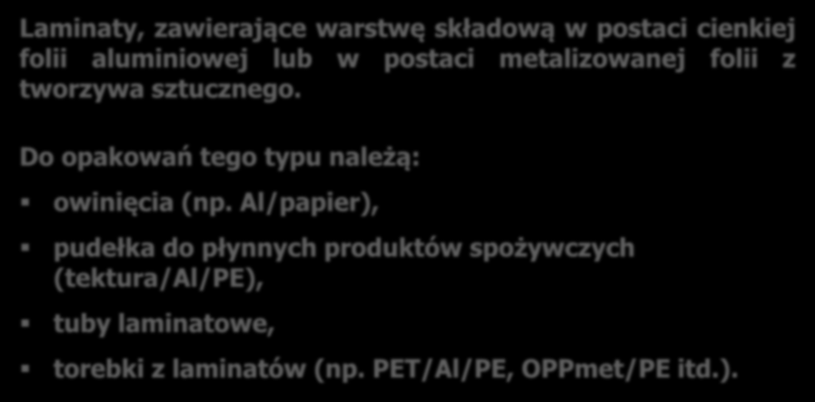 Przykłady opakowań wielomateriałowych z laminatów Laminaty, zawierające warstwę składową w postaci cienkiej folii aluminiowej lub w postaci metalizowanej folii z tworzywa sztucznego.