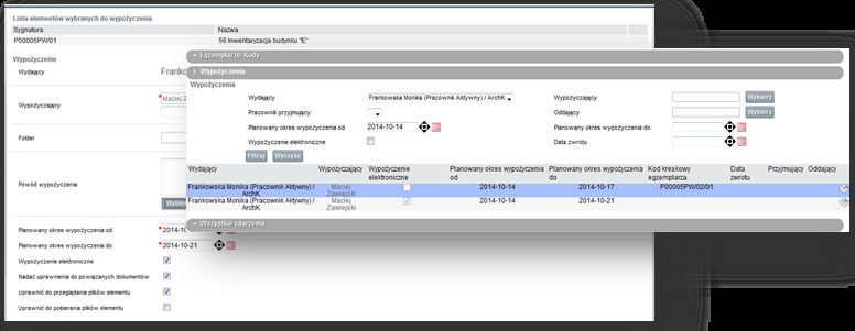 UDOSTĘPNIANIE I WYPOŻYCZANIE DOKUMENTACJI Dokumentacja może być wypożyczana zarówno w postaci elektronicznej (udostępnienie teczek i dokumentów) jak i w postaci papierowej (fizyczne przekazanie