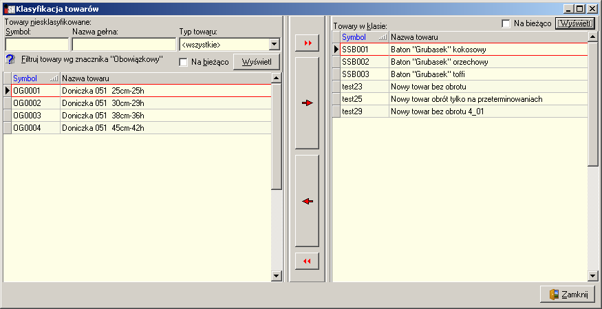 2. Dodawanie i usuwanie towarów z klasyfikacji Dotychczas po kliknięciu +/- Towary" okienko otwierało się wstępnie z pustymi filtrami oraz wszystkimi towarami niesklasyfikowanymi.