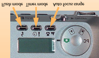 Ilustracja 2. Wskaźniki wyświetlacza stanu aparatu. Od lewej: stan baterii, tryb lampy błyskowej, tryb samowyzwalacza, liczba pozostałych do wykonania zdjęć, zakres autofokusu.