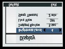 Podmenu Display. Podmenu Display (Wyświetlacz) służy do kontroli wyświetlania na wyświetlaczu obrazu aparatu. Tabela 27. Podmenu Display. Ustawienie Wartość domyślna Opcje Brightness Level (Poziom jasności) Instant Review (Natychmiastowy podgląd) - patrz uwaga poniżej.