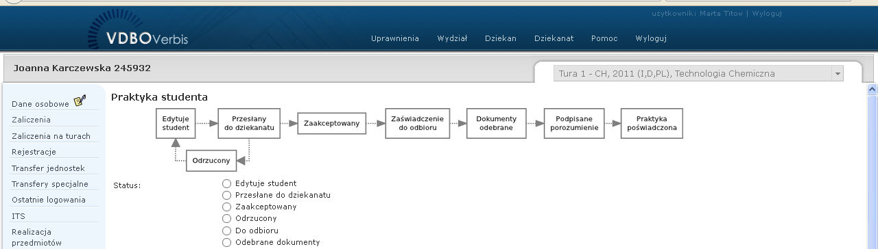 Uzupełnienie informacji w Wirtualnym Dziekanacie WYŚLIJ DO DZIEKANATU Semestr, w którym będzie praktyka Ubezpieczenie zaznaczy Pełnomocnik!