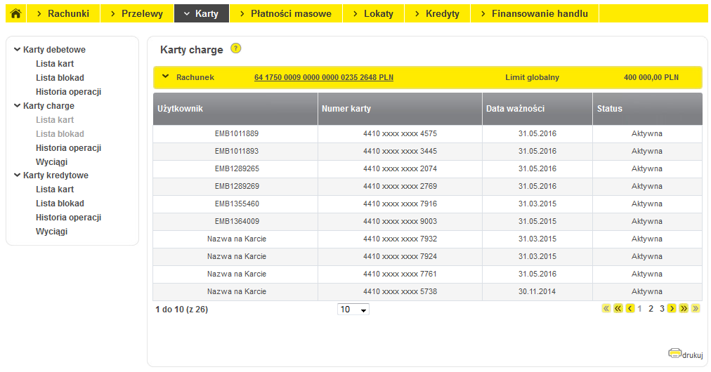 10. Karty Po wybraniu tej zakładki prezentowane są wszystkie Karty Płatnicze wydane dla klienta: Karty debetowe Karty kredytowe Karty charge Po lewej stronie z listy widoczne są rodzaje kart, jakie