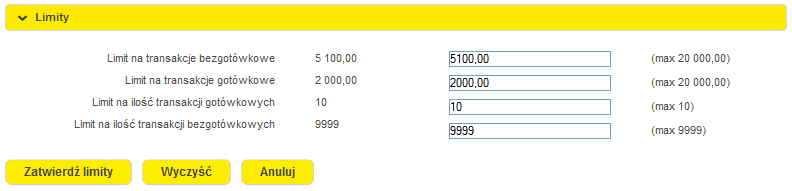 - Wybranie tego przycisku powoduje wysłanie zlecenia zmiany limitów do Banku. Zmiana limitu następuje maksymalnie w przeciągu dwóch dni roboczych.
