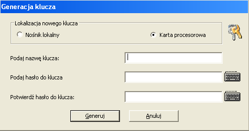 Nazwa klucza oraz data generacji, Odcisk klucza, Suma kontrolna, Typ klucza zawiera informacje o sposobie przechowywania klucza, Status/widoczny.