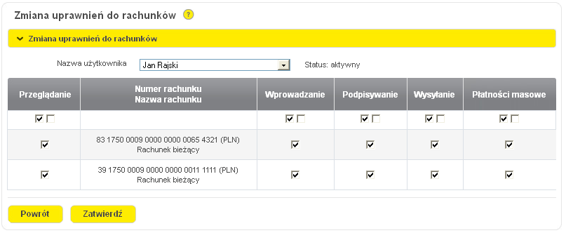 Wprowadzanie użytkownik oprócz przeglądania może również wprowadzać przelewy dla wybranego rachunku Podpisywanie użytkownik może podpisywać przelewy (o ile jest on dodany do grupy akceptacyjnej dla