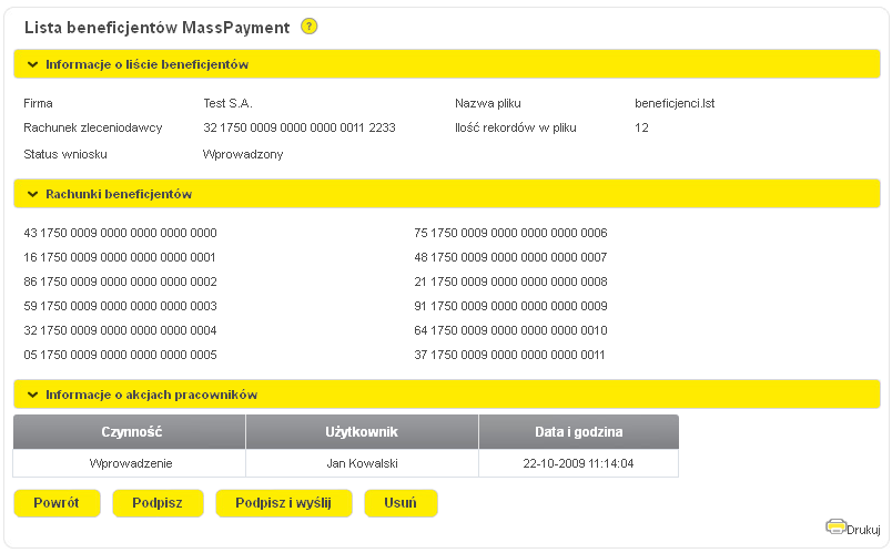 Po wejściu w daną listę dostępna będzie informacja na temat rachunków beneficjentów oraz możliwe do podjęcia akcje.