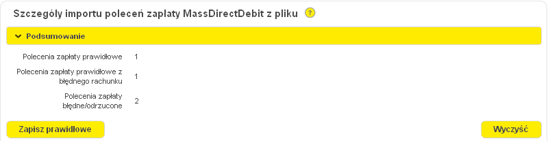Łączna kwota poleceń zapłaty - łączna kwota dotychczas wprowadzonych/zaimportowanych poleceń zapłaty Łączna liczba poleceń zapłaty - łączna liczba dotychczas wprowadzonych/zaimportowanych poleceń