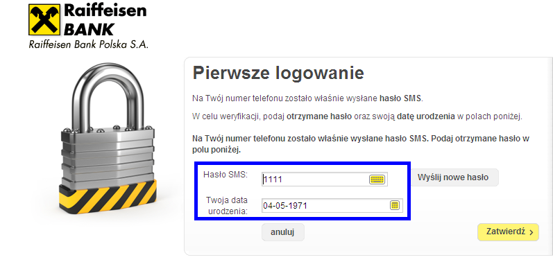 Po kliknięciu przycisku Zatwierdź pojawi się następujący ekran ze zmianą hasła i należy ustalić własne