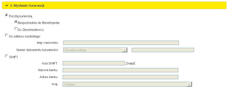 W sekcji tej należy podać szczegółowe dane dotyczące gwarancji: Kwota i waluta Gwarancji Waluta wypłaty (podstawia się automatycznie, jest zgodna z walutą gwarancji z możliwością