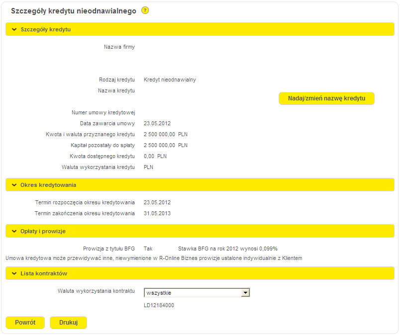 Po wejściu w widoczny na liście kredyt, pojawią się szczegóły danego kontrahenta.