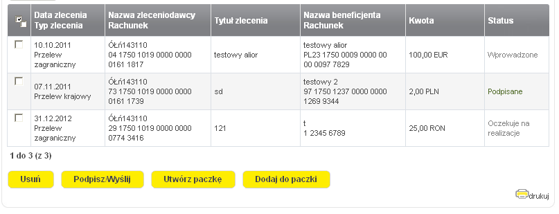 Na liście znajdują się przelewy i paczki przelewów posortowane domyślnie według daty wprowadzenia przelewu (rosnąco), statusu oraz typu.