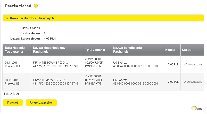 Wybrane transakcje są jednorodne pod względem typu - krajowe/zagraniczne oraz posiadają tą samą datę zlecenia. Data przelewów jest taka sama.