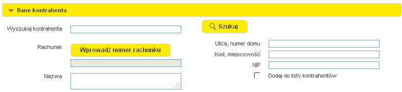 Wybór konkretnej opcji spowoduje automatyczne wypełnienie pól: Rachunek (kontrahenta) Nazwa (kontrahenta) Ulica, numer domu Kod, miejscowość Jeżeli żaden identyfikator nie zostanie wybrany