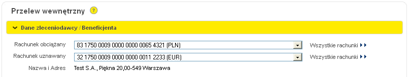 9.4 Zlecenia płatnicze 9.4.1 Przelew wewnętrzny Formatka przelewu wewnętrznego służy do definiowania polecenia przelewu pomiędzy rachunkami jednego Klienta (do wykonywania transferów środków pomiędzy