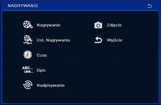 NDR-BA6104, NDR-BA6208 i NDR-BA6416 Instrukcja obsługi wer.1.0 KONFIGURACJA REJESTRATORA 5.1.3. Nagrywanie Po wybraniu z menu USTAWIENIA pozycji NAGRYWANIE pojawi się poniższy ekran.