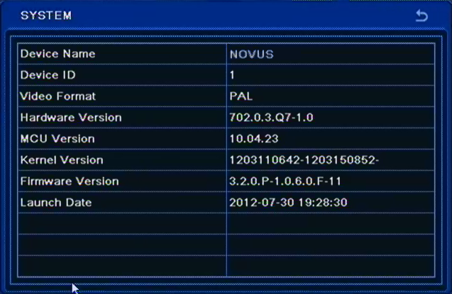 System Selecting SYSTEM from the INFORMATION menu displays the following screen: User can find information on Device Name, Device