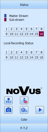 view screen Menu tabs DVR state Color adjustment PTZ control Recording status Screen mode selection Audio Description of Status