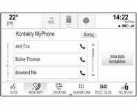 Korzystanie z listy kontaktów Aby wyświetlić listę kontaktów, nacisnąć ;, uaktywnić telefon lub aplikację nawigacji, a następnie wybrać KONTAKTY na interaktywnym pasku wyboru.