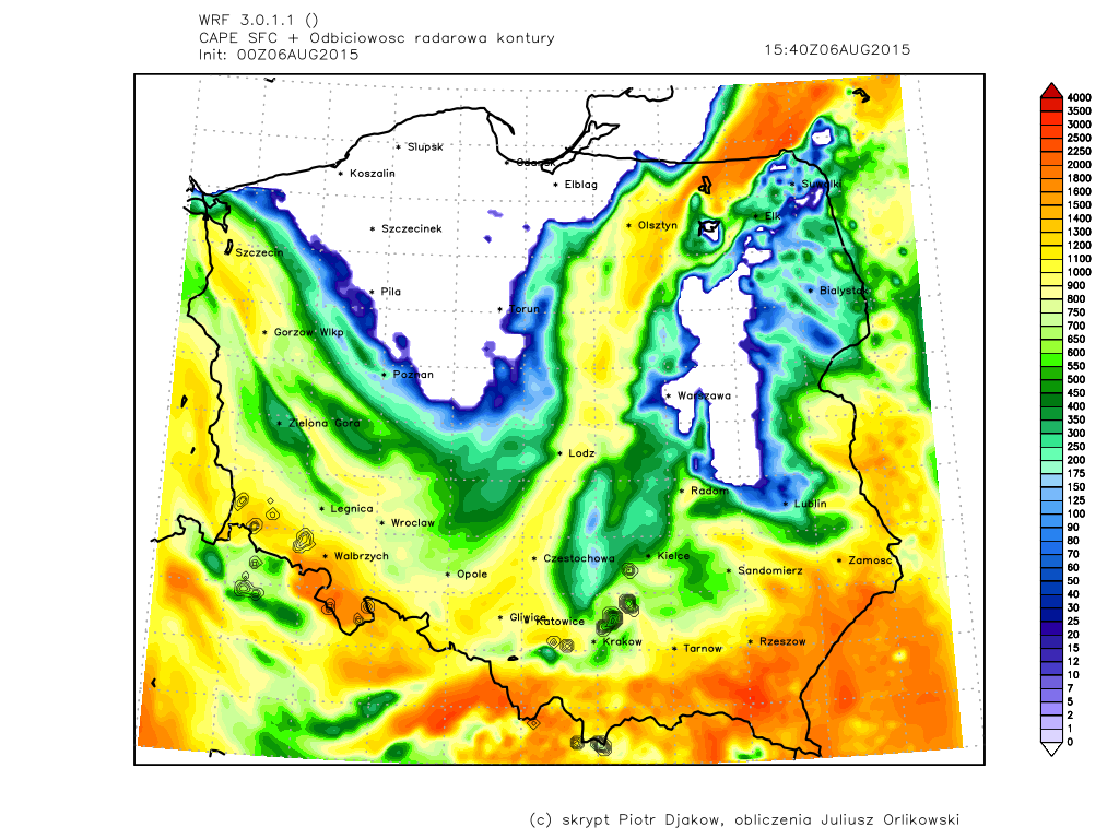 Powyżej: SBCAPE + dbz, model WRF-EMS 3km. ICON Zupełnie inną historię opowiada model ICON.