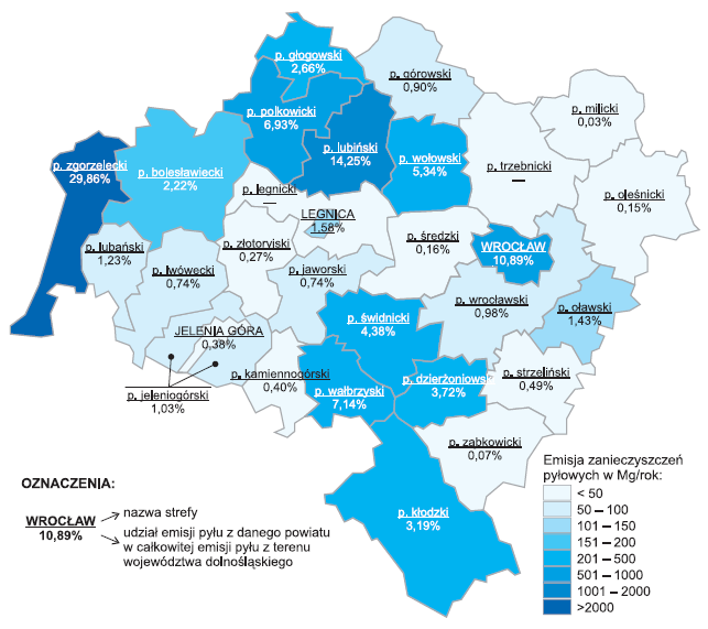 AKTUALIZACJA POWIATOWEGO PROGRAMU OCHRONY ŚRODOWISKA POWIATU OŁAWSKIEGO 26 Rys. 5-3 Zanieczyszczenia pyłowe na terenie województwa dolnośląskiego w 2007 r.