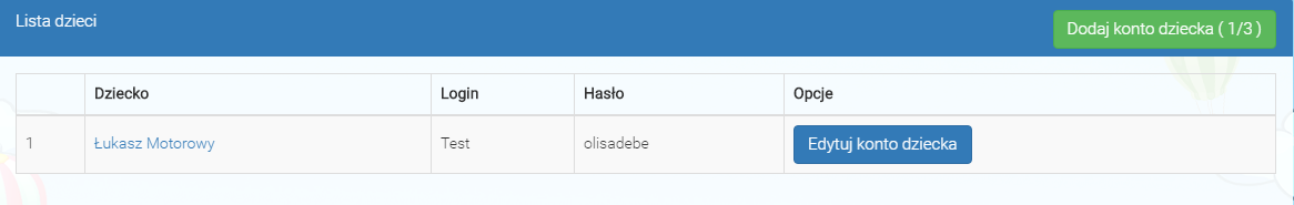Dzieci Moduł ten pozwala użytkownikowi na dodawanie oraz edycję konta dziecka.