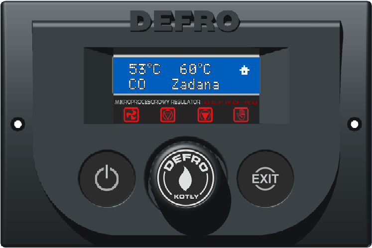 I. Opis Tryb pracy Praca ręczna Wentylator Pompa CWU Pompa CO Wyjście Standby Gałka impulsatora Regulator temperatury DEFRO-RU PID przeznaczony jest do kotłów C.O. Steruje pompą obiegu wody C.O., pompą ciepłej wody użytkowej C.