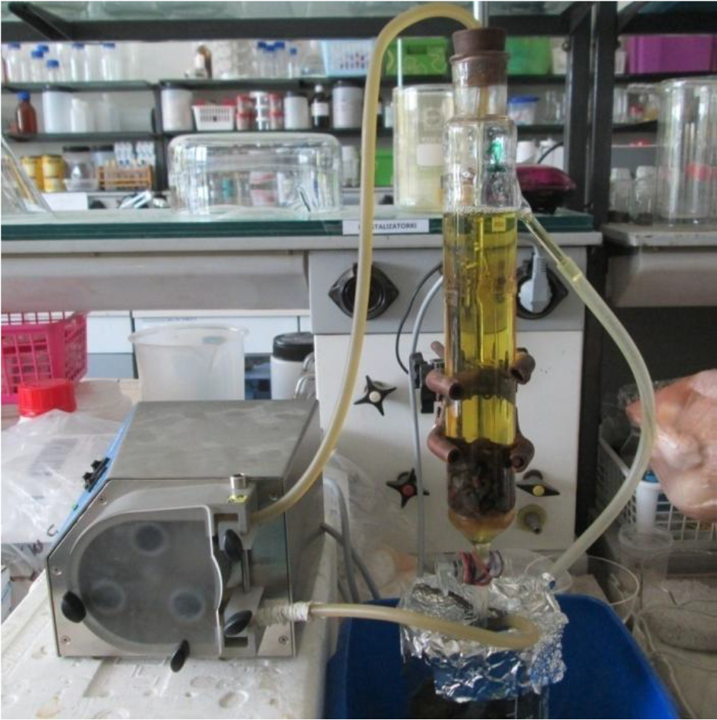 152 Rys. 3. Zestaw eksperymentalny do ciągłego bioługowania rudy łupkowej W trakcie procesu bioługowania mierzone było stężenie jonów Fe(II), Fe(III) i Cu(II) w roztworze ługującym.