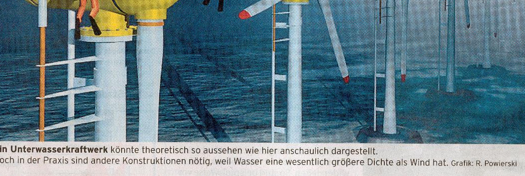 Potrzeby i kierunki rozwoju energetyki ENERGIA PŁYWÓW, FAL I OCEANÓW Podwodna elektrownia może teoretycznie wyglądać jak na tym